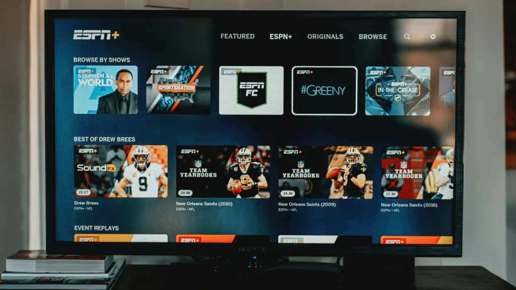 IPTV sports streaming menu with categories on a TV screen.